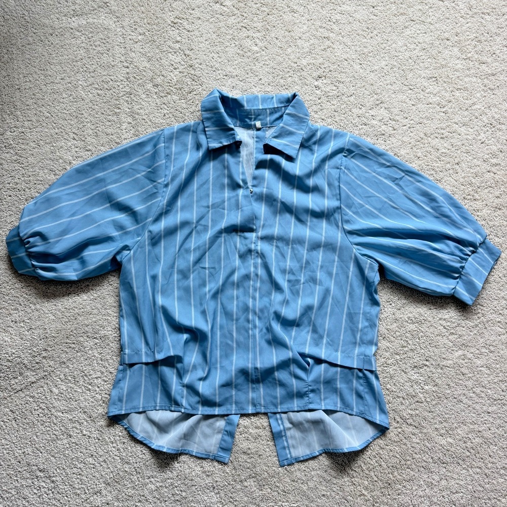 Women Top Medium Shirt Balloon Sleeves Stripes Button back loose fit